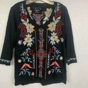 Caite Blouse Top Embroidered Black Women's Long Sleeve Tunic Top Size Small